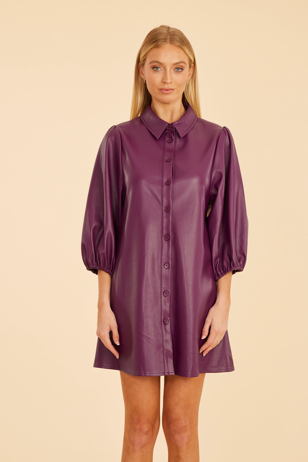Faux Leather Puff Sleeve Dress Ruby / XL