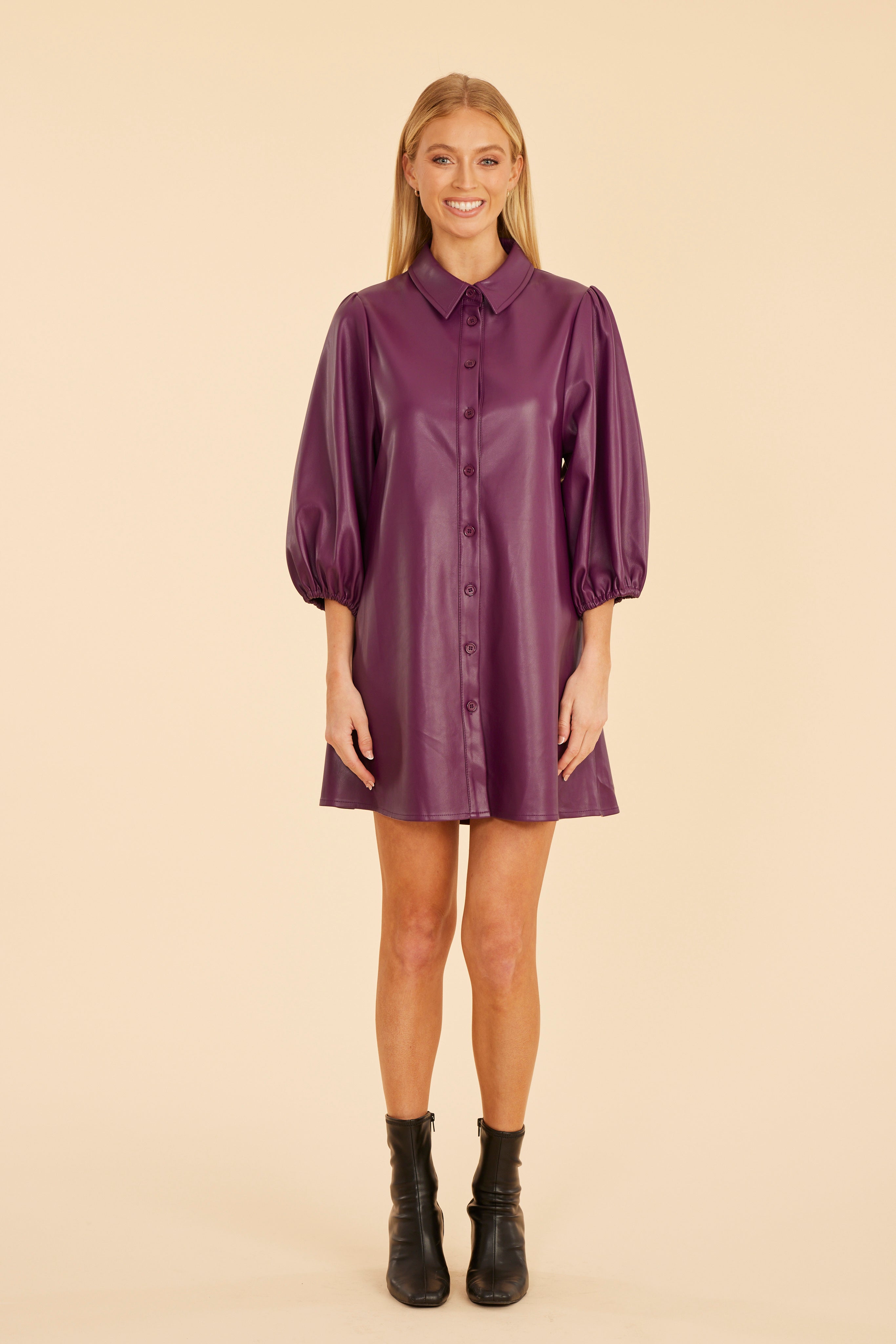 Faux Leather Puff Sleeve Dress Ruby / XL