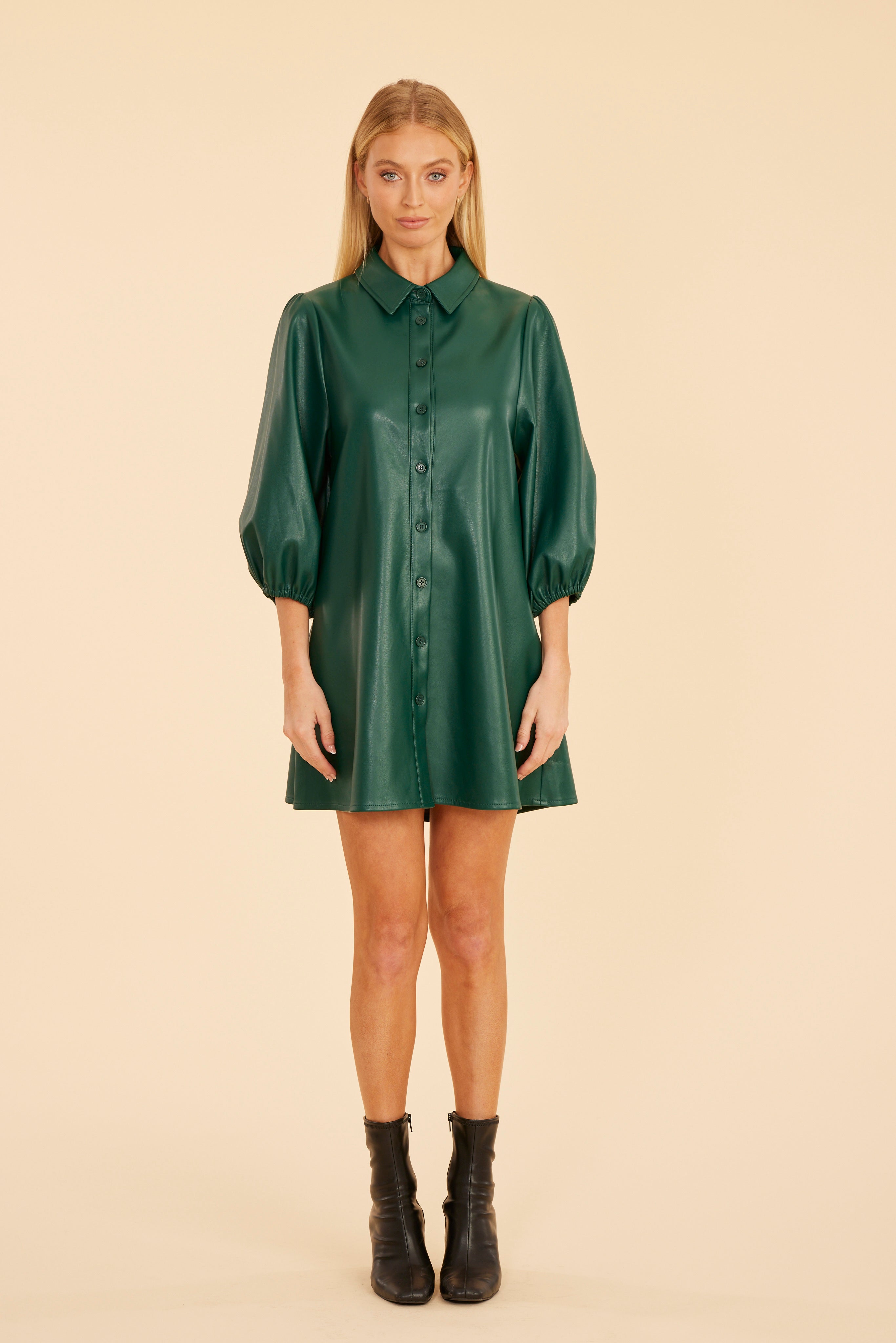Faux Leather Puff Sleeve Dress