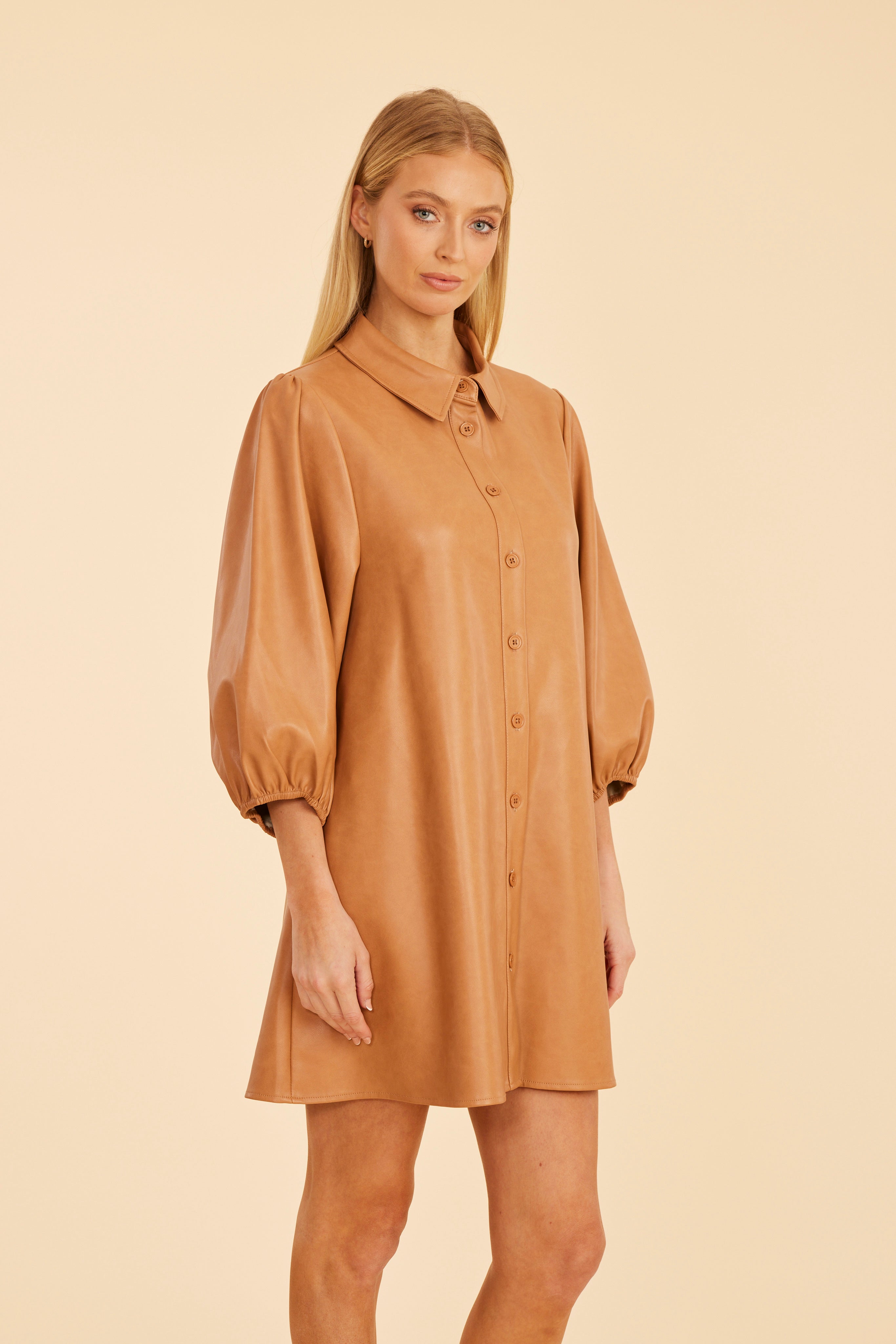 Classic Faux Leather Dress with Puff Sleeves Dolce Cabo Classic Faux Leather Dress with Puff Sleeves Dolce Cabo