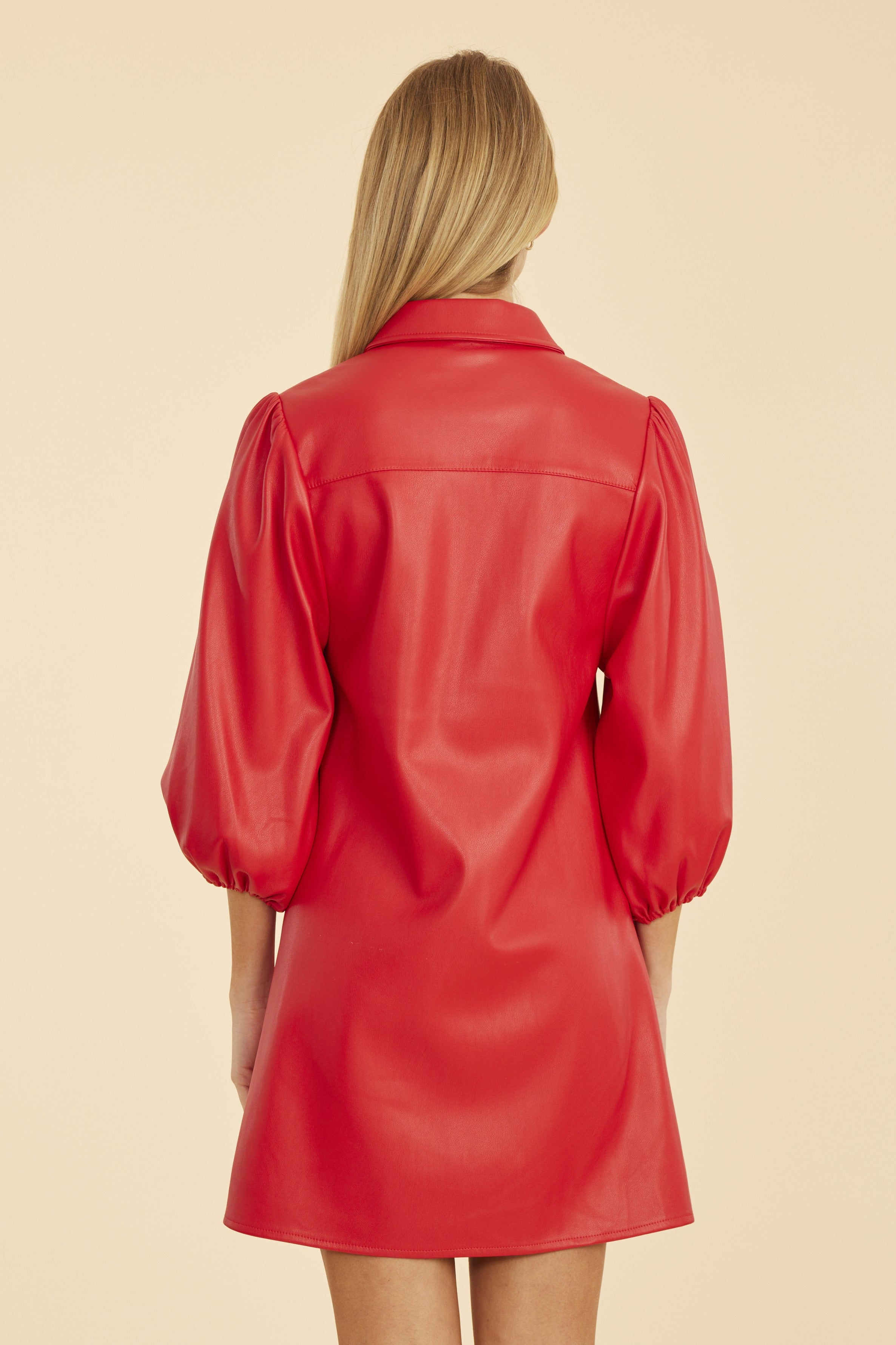 knee length dresses for ladies Faux Leather Puff Sleeve Dress Ruby / XL