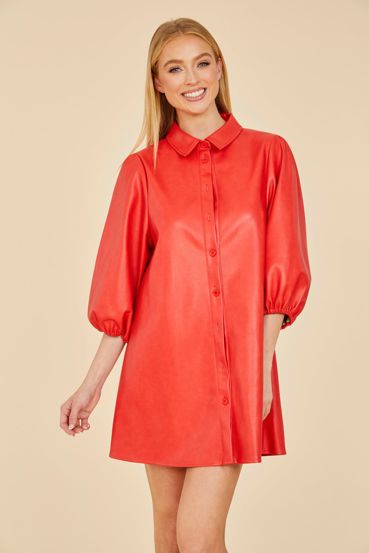 Load image into Gallery viewer, SS&amp;#39;24 Faux Leather Puff Sleeve Dress
