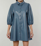 Classic Faux Leather Dress with Puff Sleeves