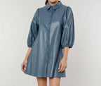Classic Faux Leather Dress with Puff Sleeves