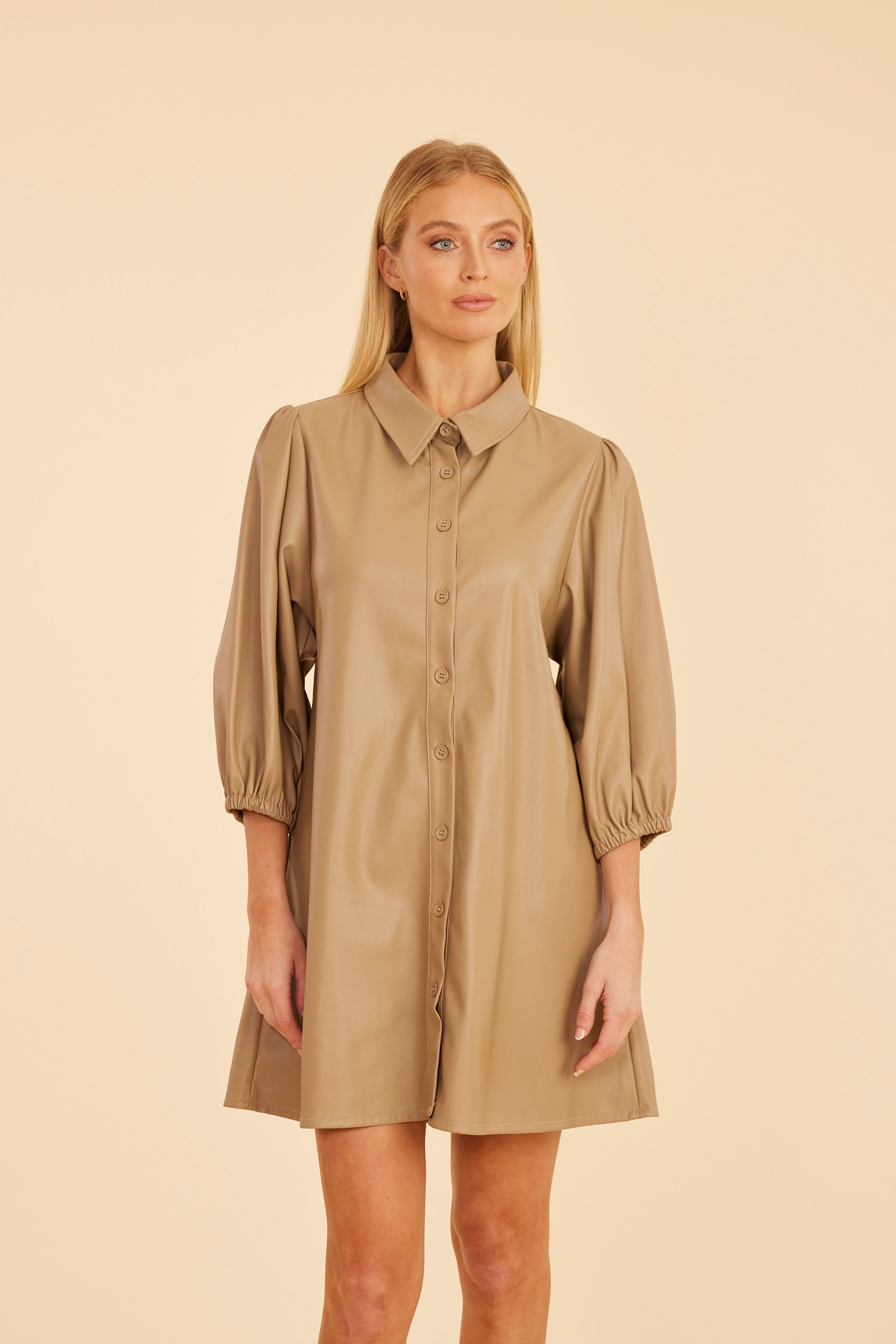 Classic Faux Leather Dress with Puff Sleeves - Black / XS Classic Faux Leather Dress with Puff Sleeves - Black / XS