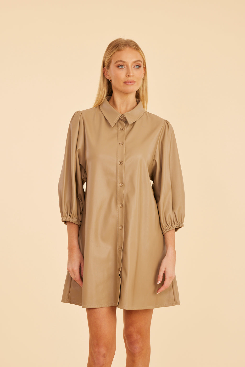Classic Faux Leather Dress with Puff Sleeves