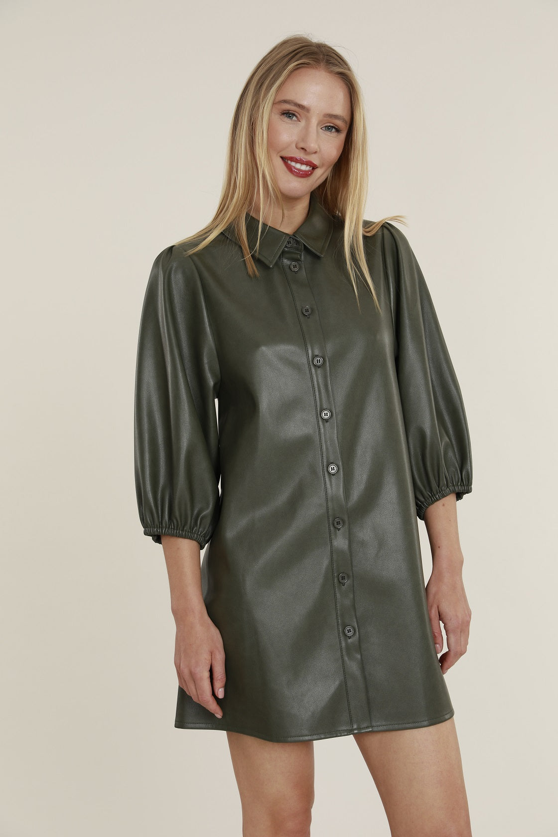Faux Leather Dress with Puff Sleeves