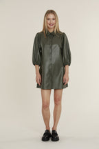 Faux Leather Dress with Puff Sleeves