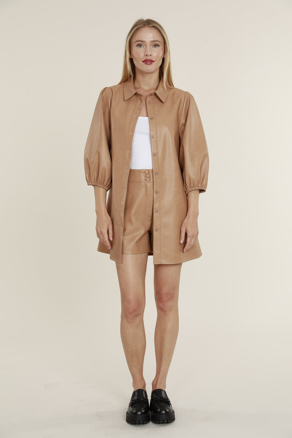 Faux Leather Dress with Puff Sleeves