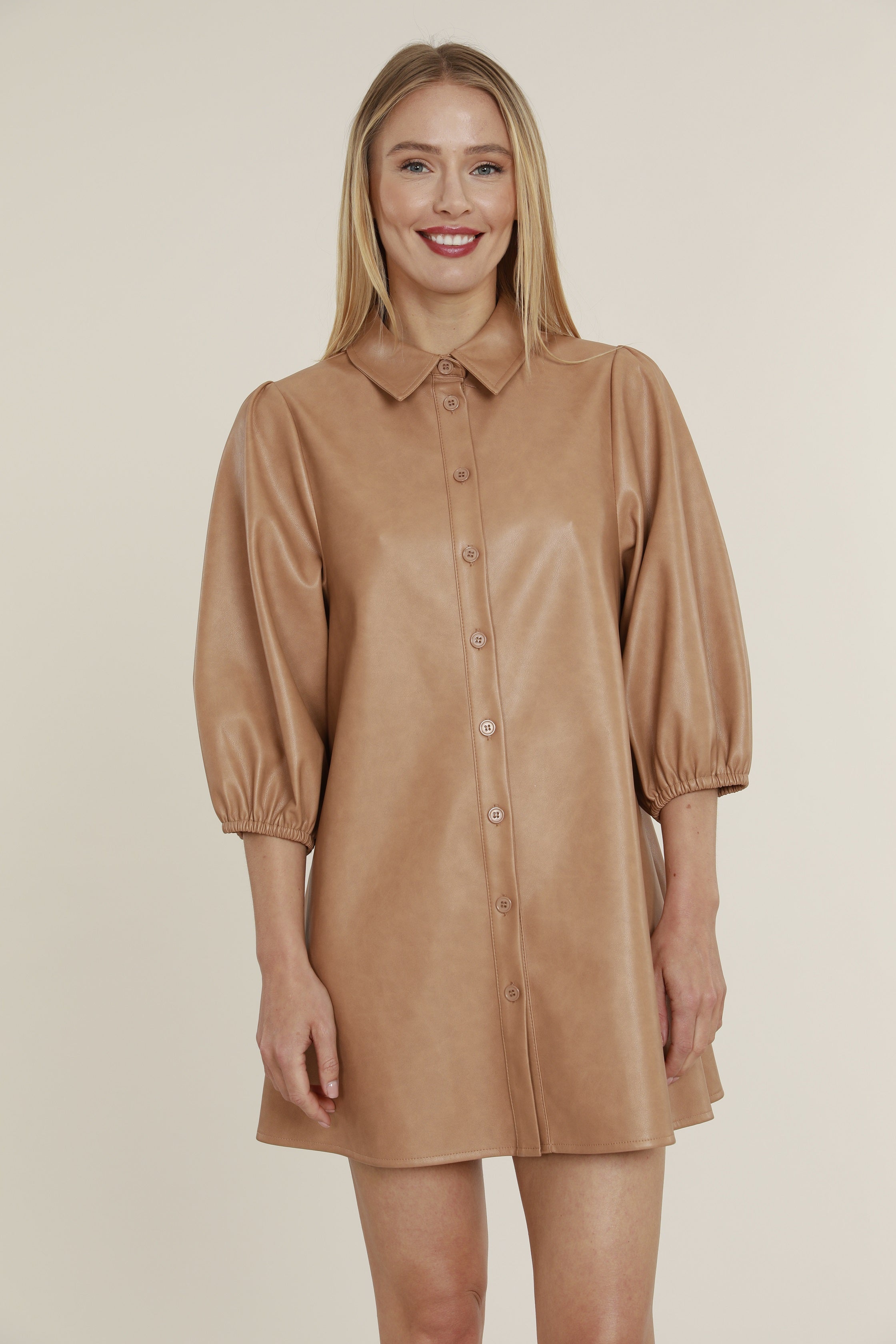 Faux Leather Dress with Puff Sleeves