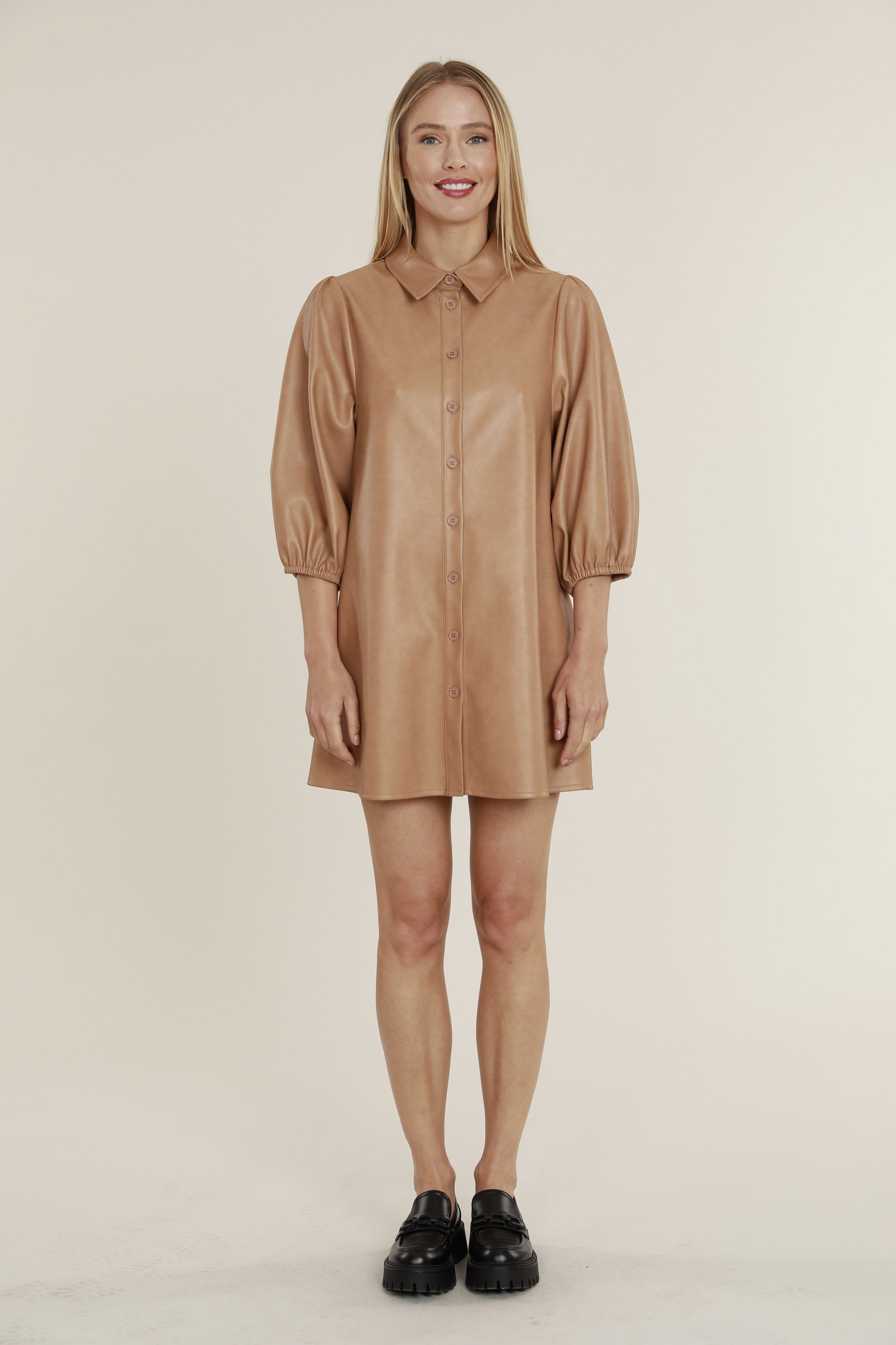 Faux Leather Dress with Puff Sleeves