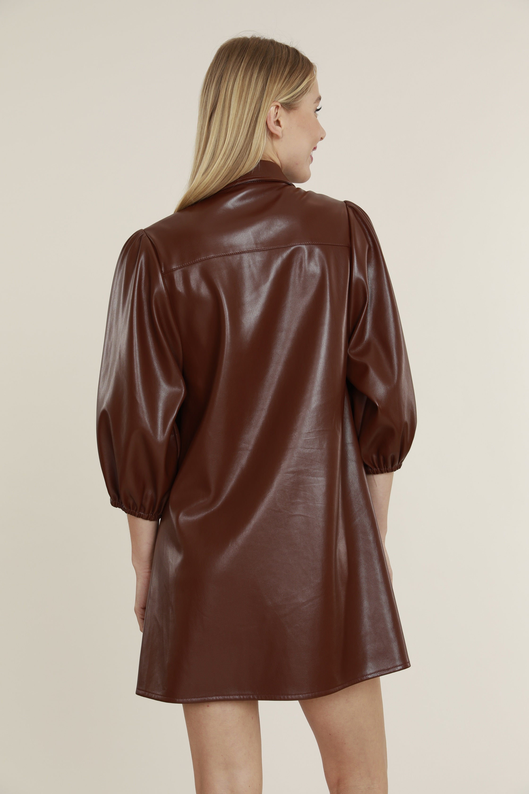 green emerald velvet dress Faux Leather Dress with Puff Sleeves – Dolce Cabo