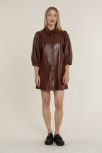 Faux Leather Dress with Puff Sleeves