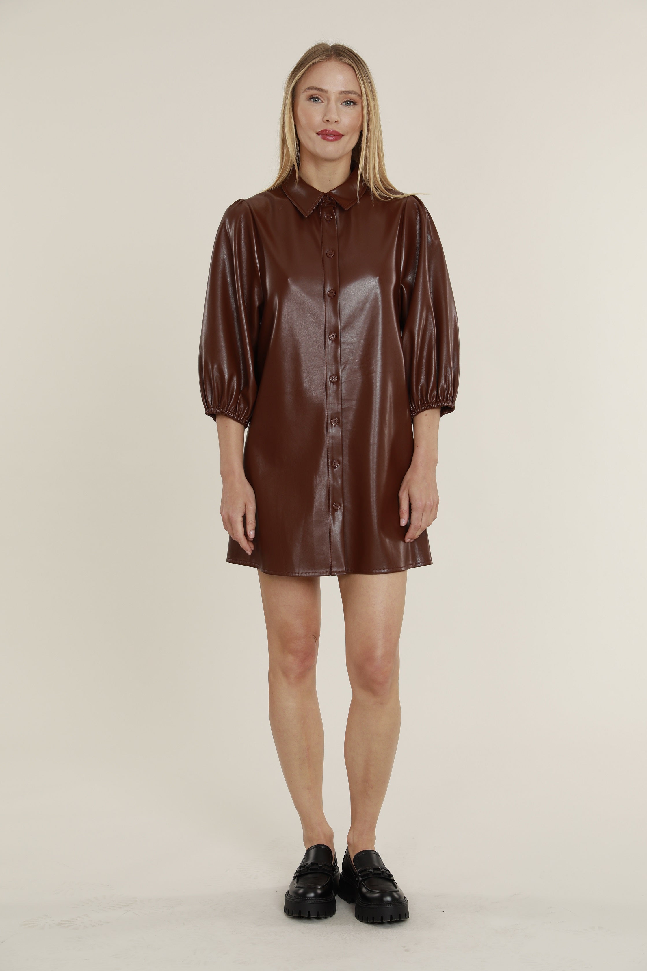 Faux Leather Dress with Puff Sleeves