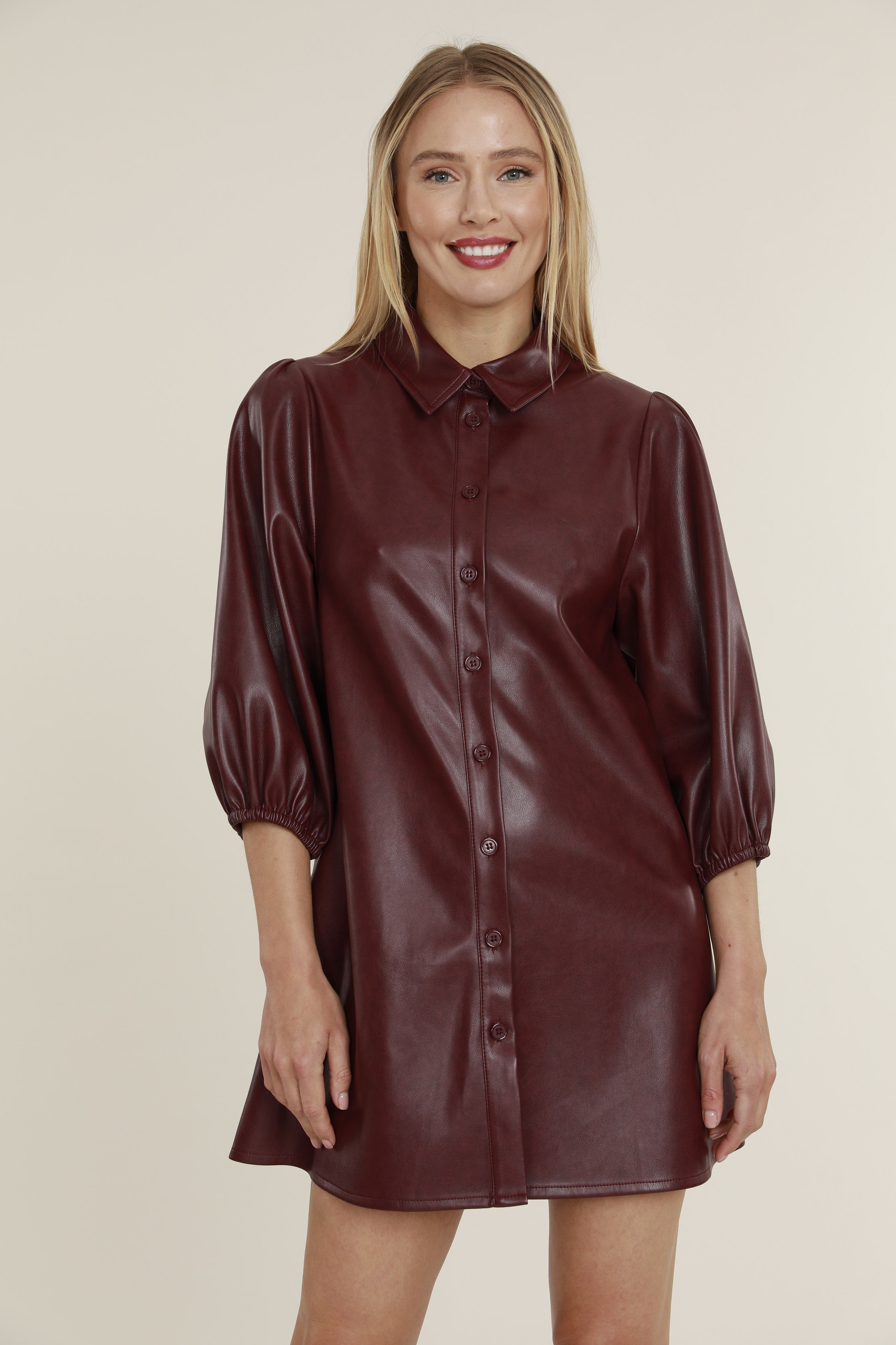 Faux Leather Dress with Puff Sleeves