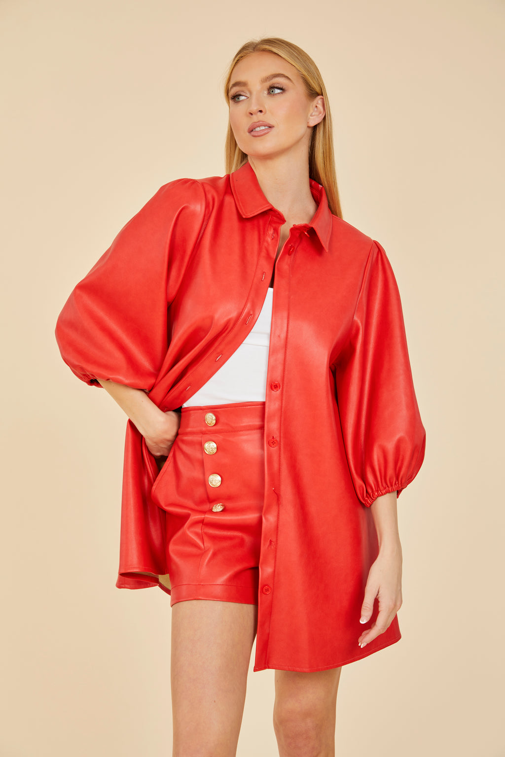 Faux Leather High-Waisted Button Shorts