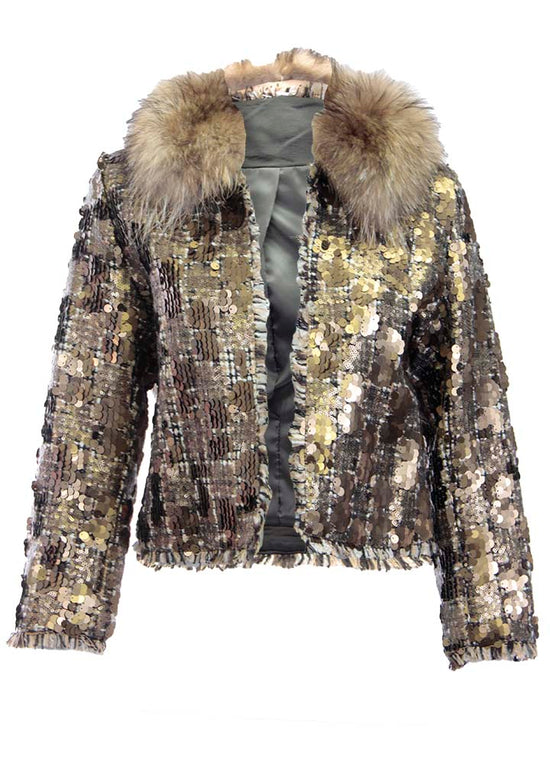 Sequin Cropped Tweed Jacket with Fur Collar