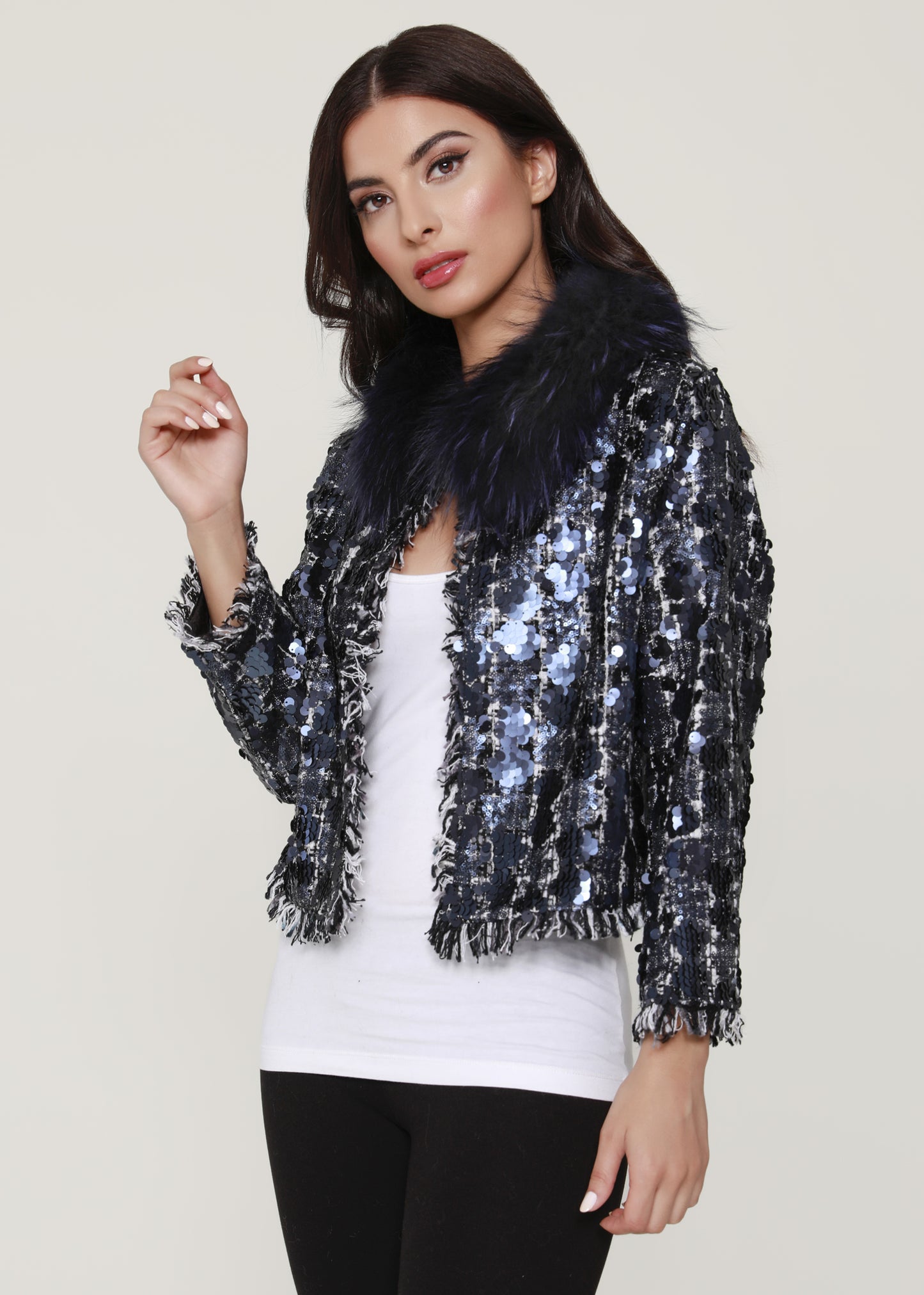 Sequin Cropped Tweed Jacket with Fur Collar – Dolce Cabo