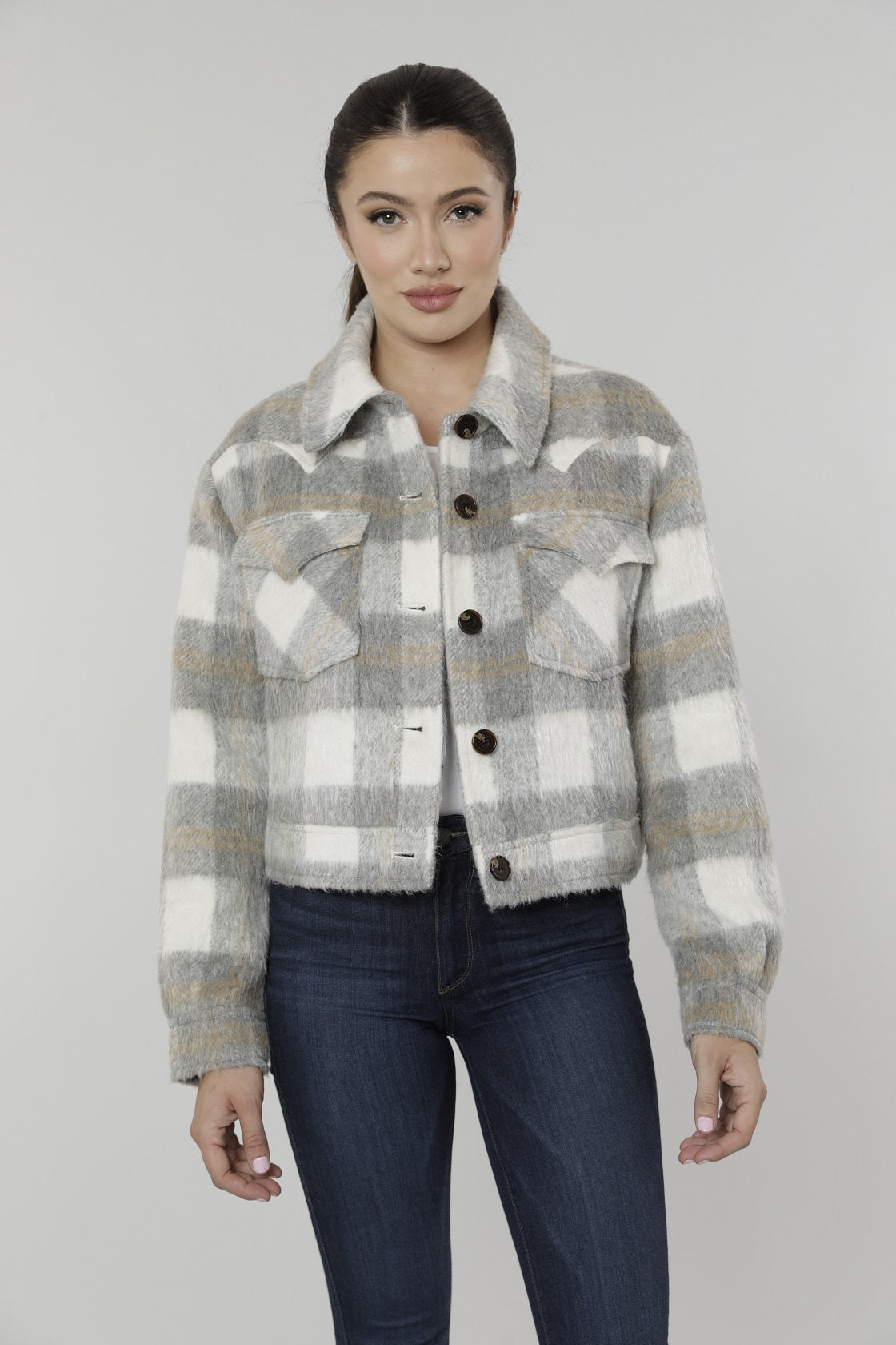 Jackets & Coats, Khaki Plaid Print Button Down Cropped Flannel Cropped  Bomber Jacket Shacket