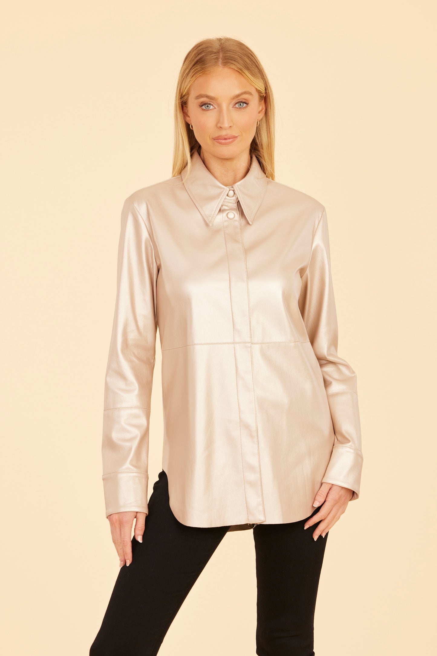 Metallic Faux Leather Button-Up Shirt