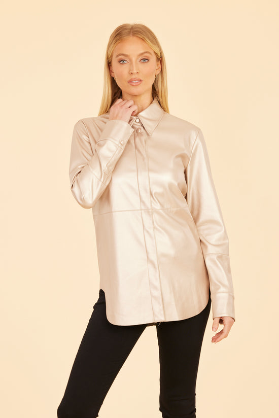 Metallic Faux Leather Button-Up Shirt