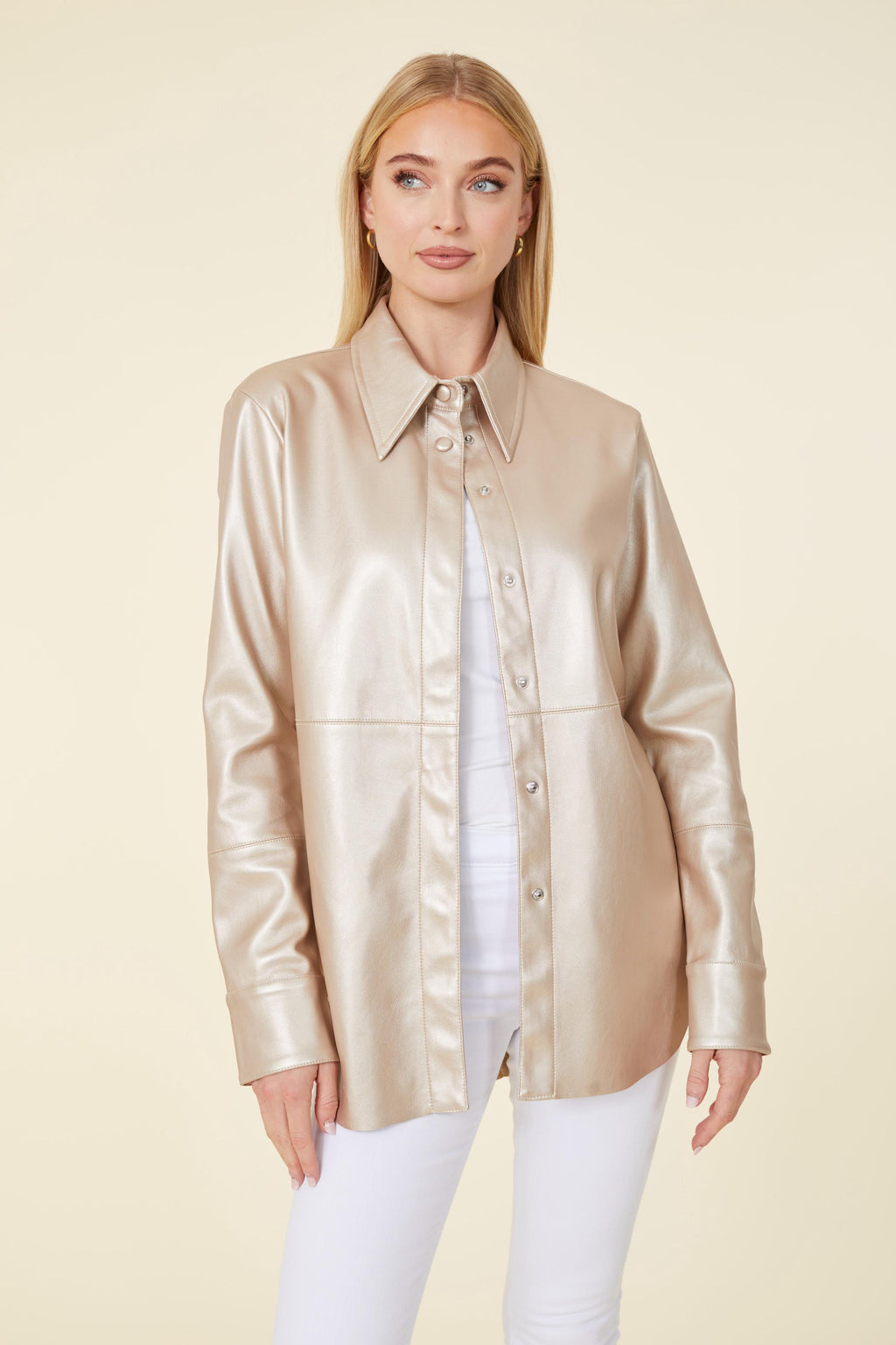 Metallic Faux Leather Button-Up Shirt Pale Gold / M