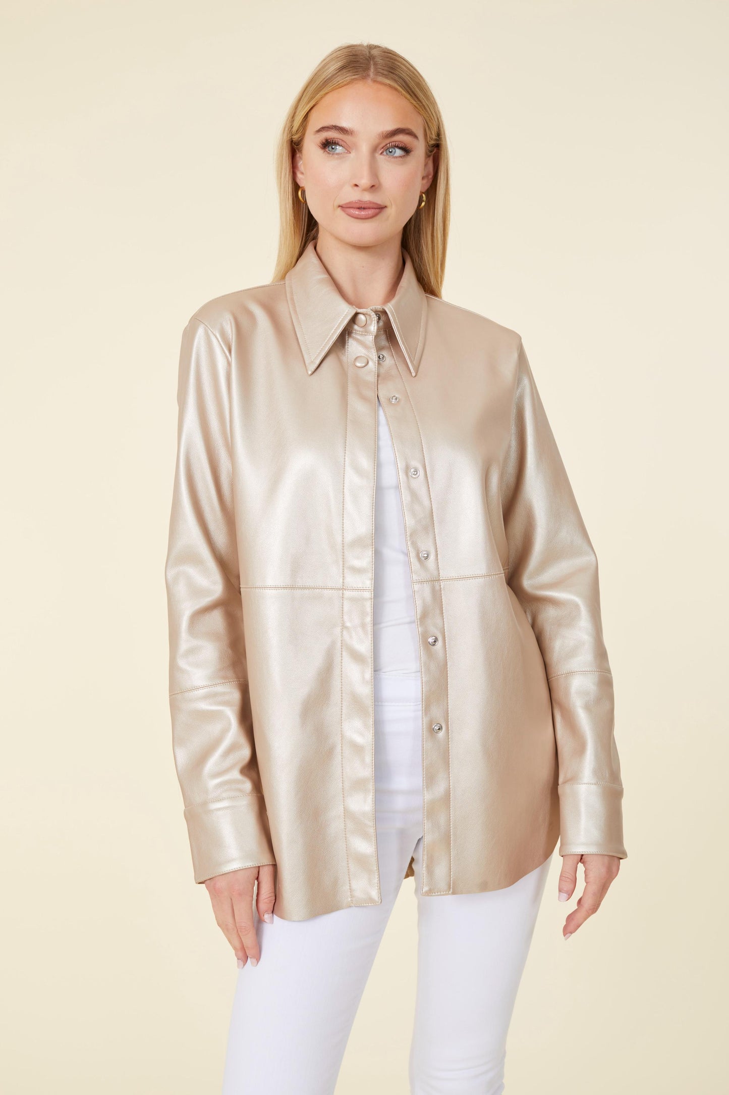 Metallic Faux Leather Button-Up Shirt