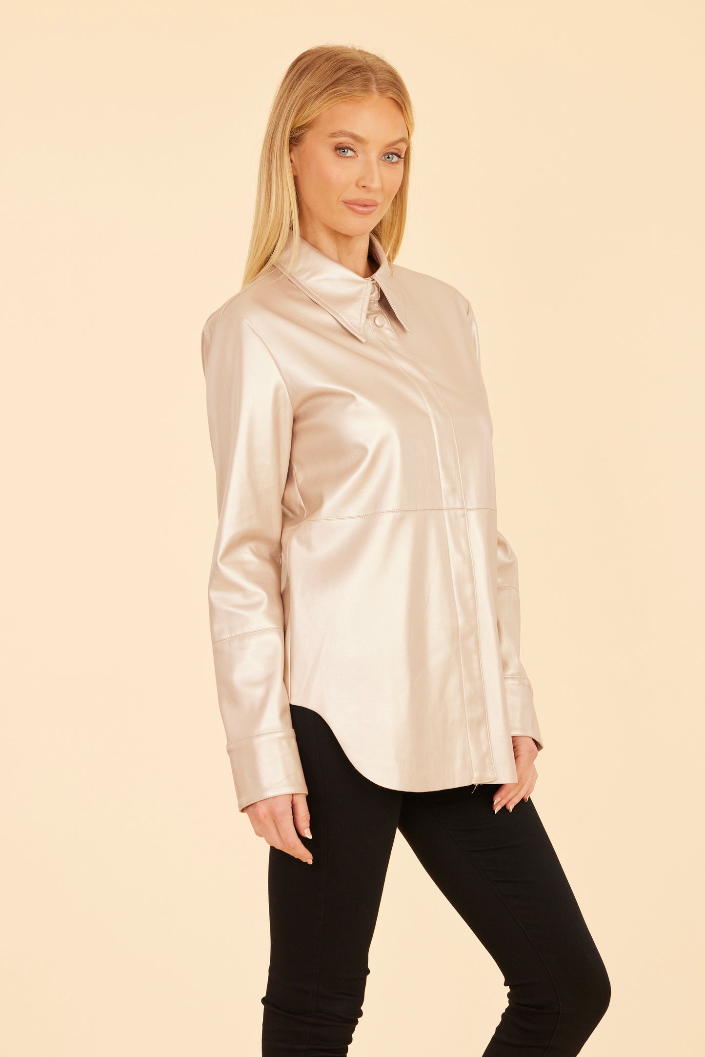 Metallic Faux Leather Button-Up Shirt