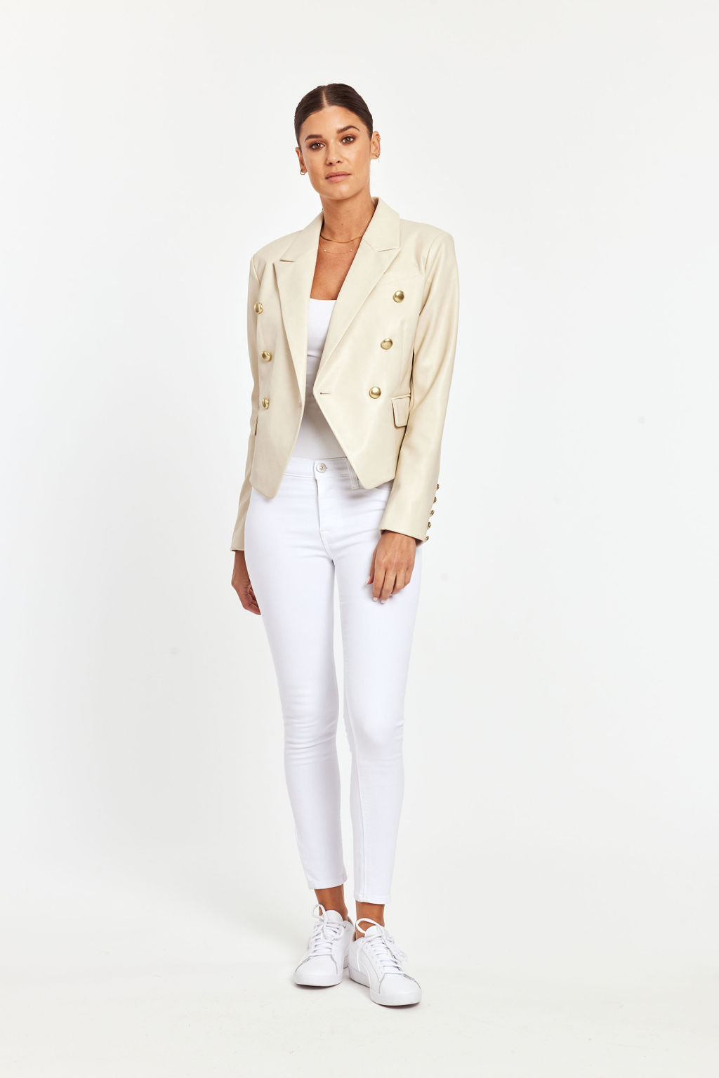 Cropped Faux Leather Double Breasted Blazer