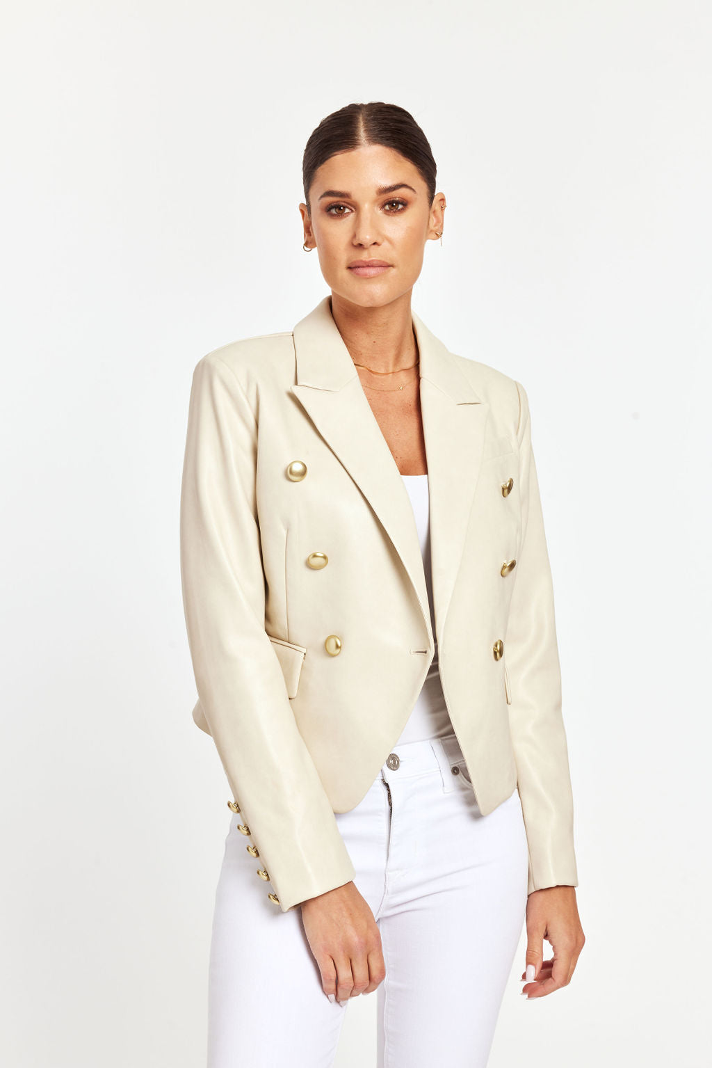 SS'23 Cropped Faux Leather Double Breasted Blazer