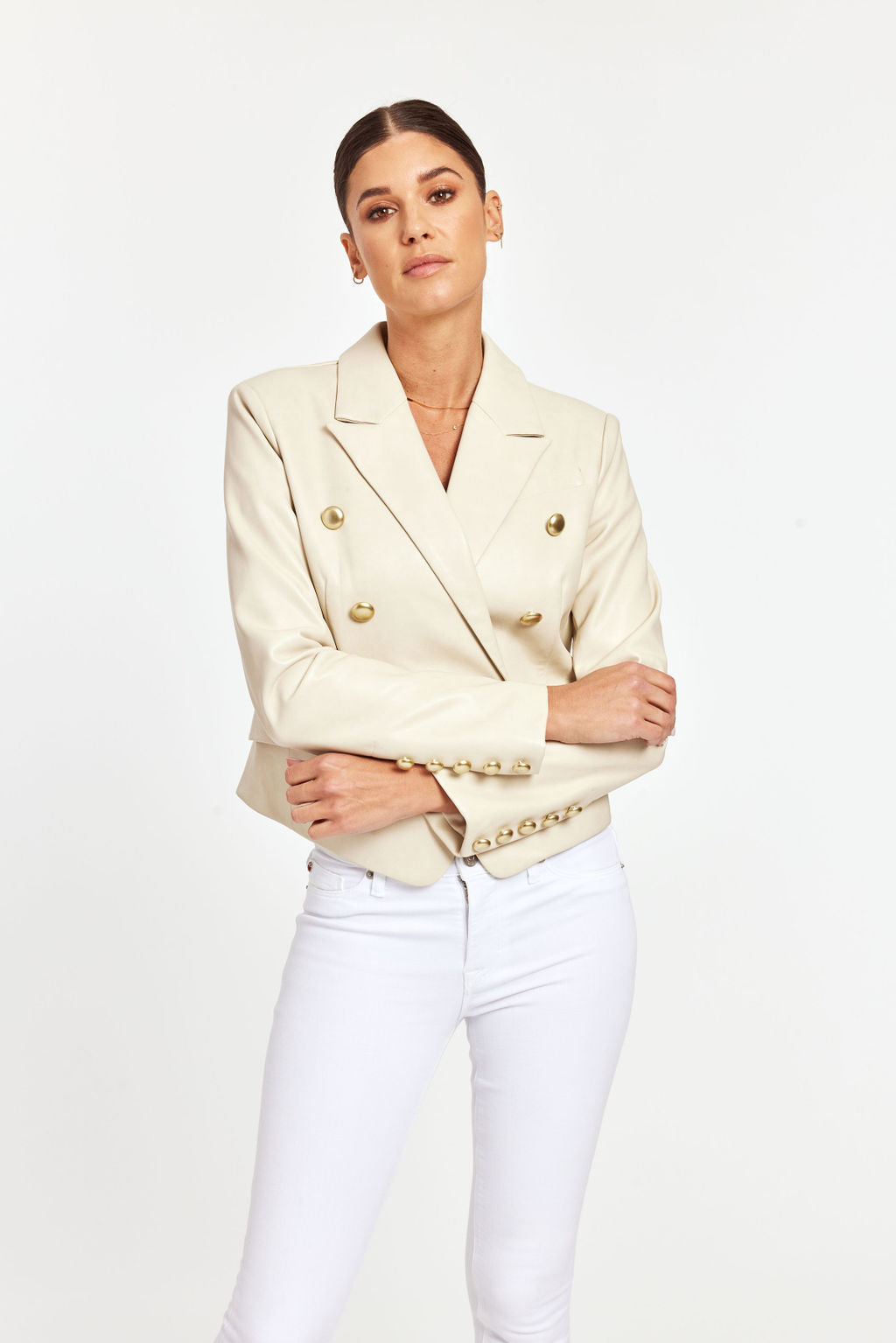 Cropped Faux Leather Double Breasted Blazer