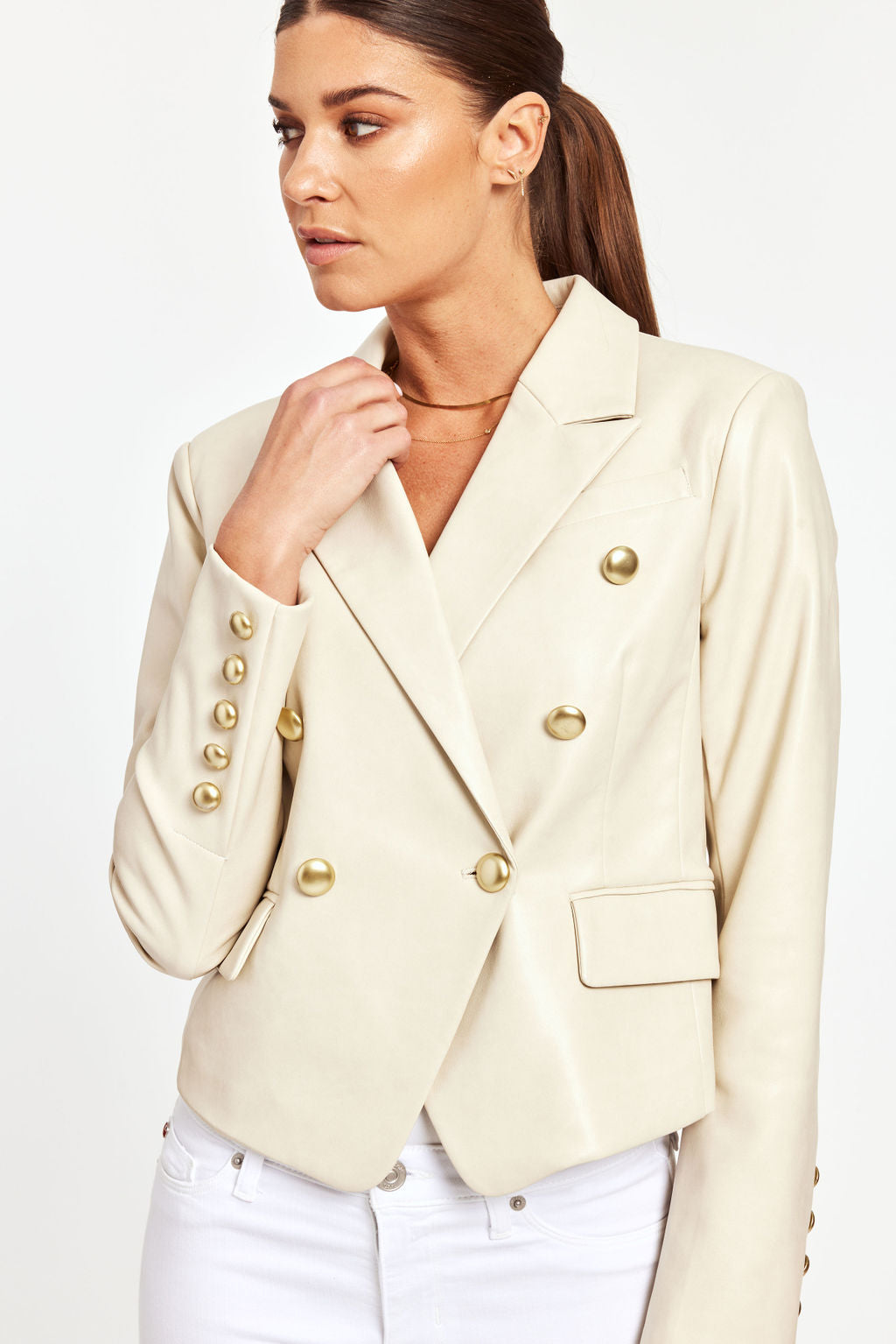 Cropped Faux Leather Double Breasted Blazer
