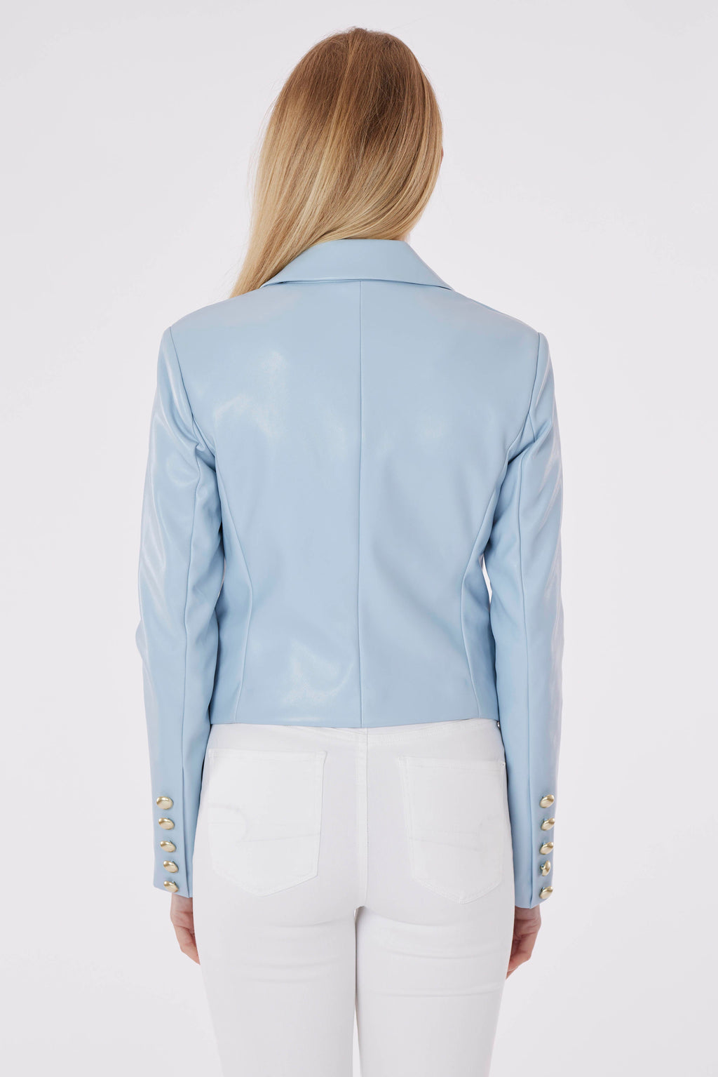 Cropped Faux Leather Double Breasted Blazer