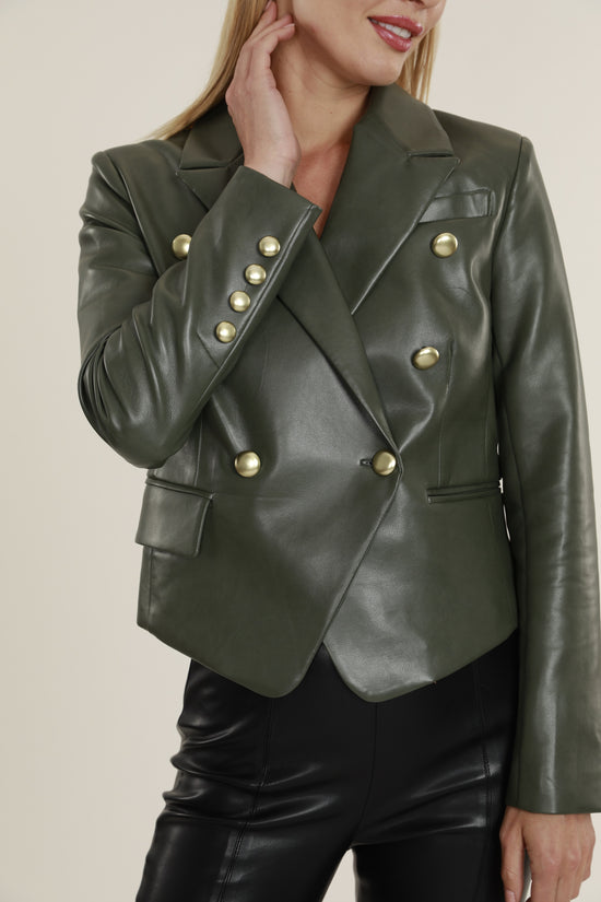 Load image into Gallery viewer, FW&amp;#39;23 Cropped Faux Leather Double Breasted Blazer
