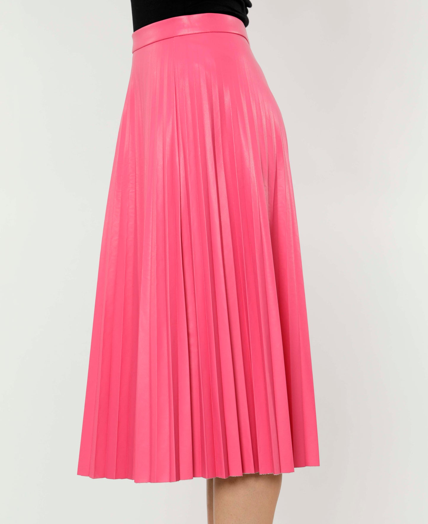 Vegan Leather pleated skirt. Hot Pink, side