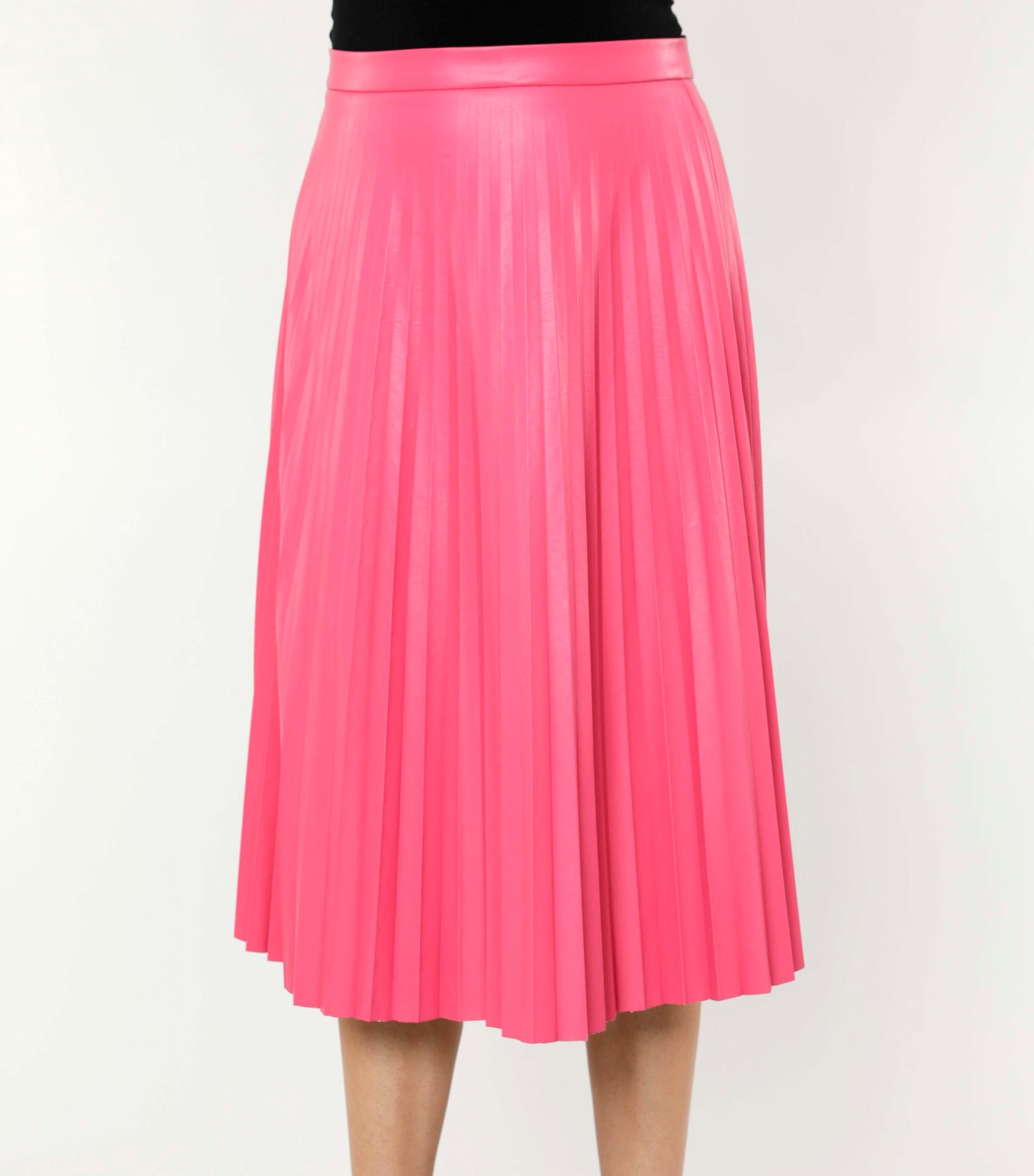 Vegan leather pleated skirt. Front, Hot Pink