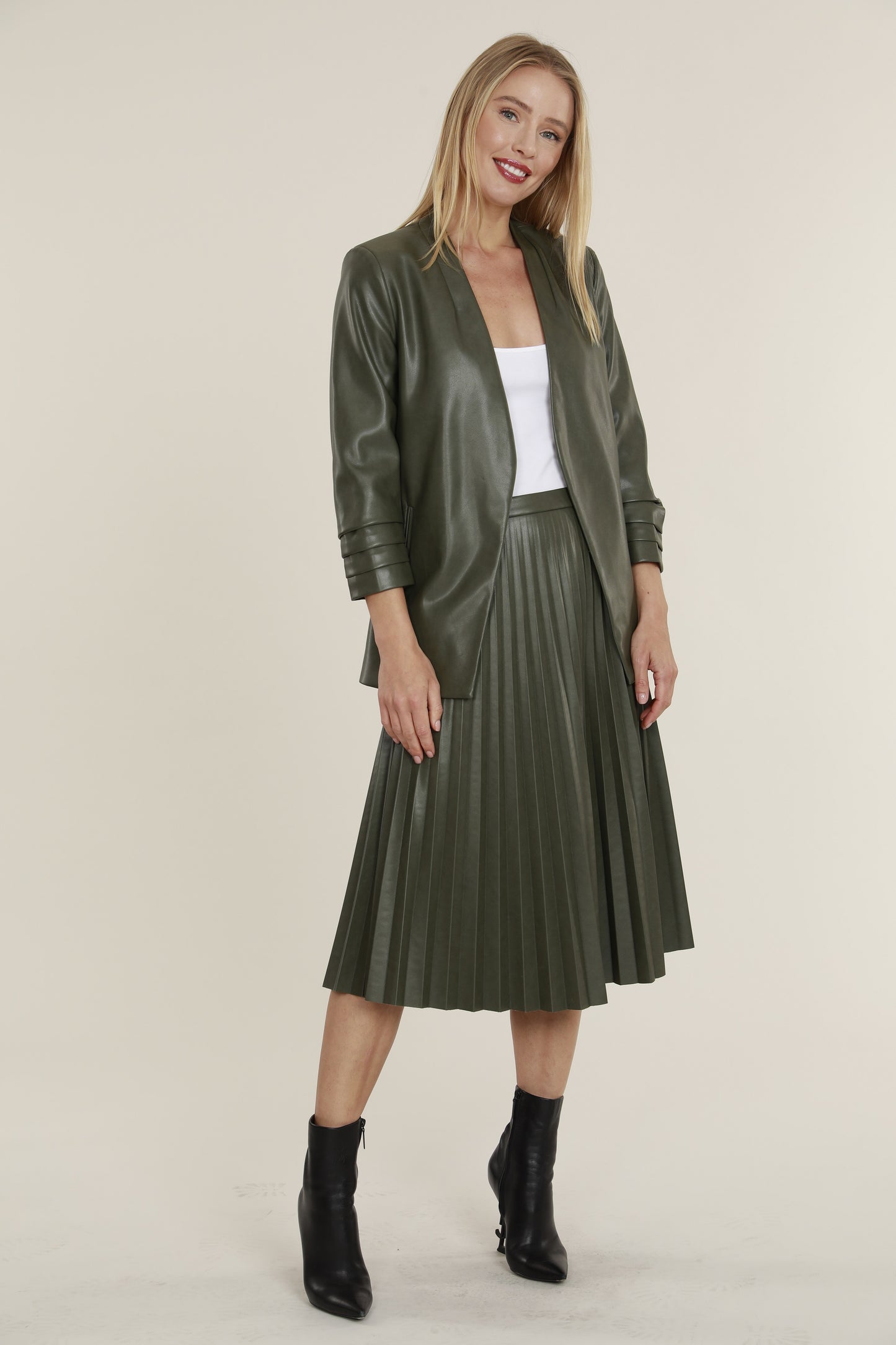 FW'23 Faux Leather Pleated Midi Skirt