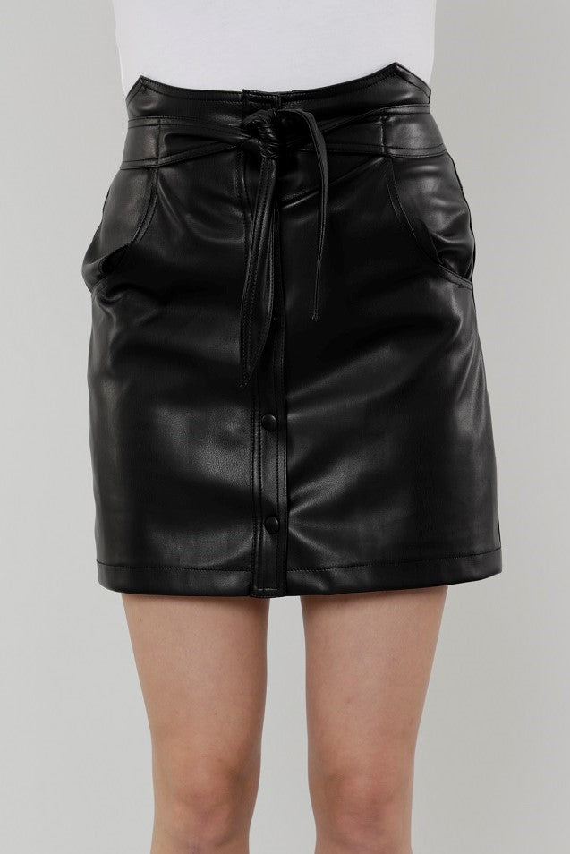 Black Faux Leather Wrap Around Belt Mini Skirt