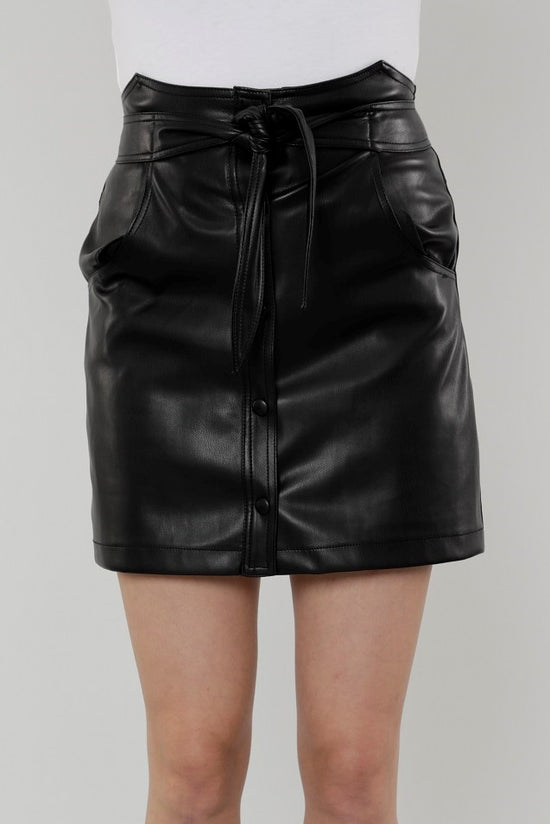 Black Faux Leather Skirt with Front Tie Belt