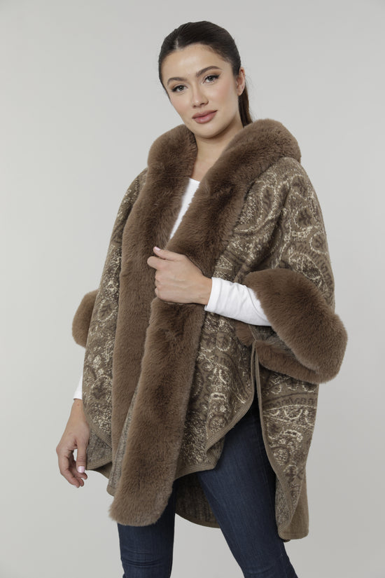 Load image into Gallery viewer, Faux Fur Trim Hooded Cape
