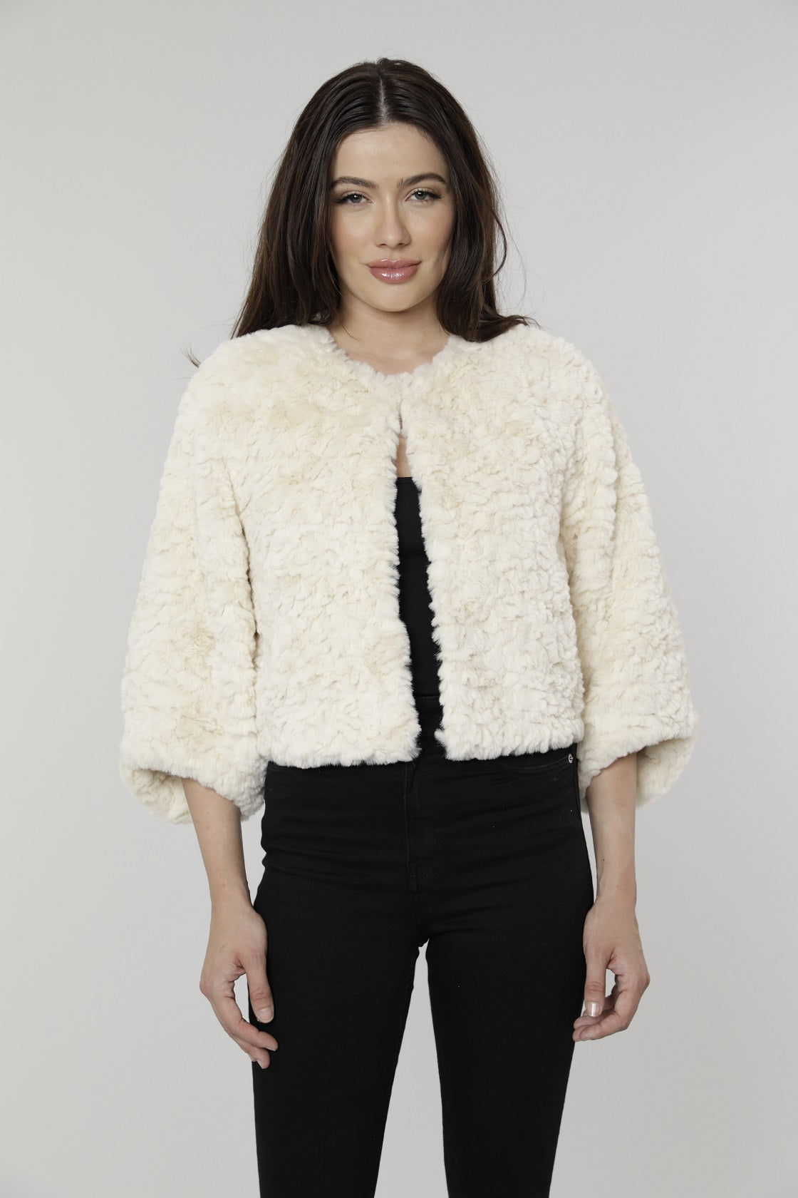 Textured Cropped Faux Fur Jacket