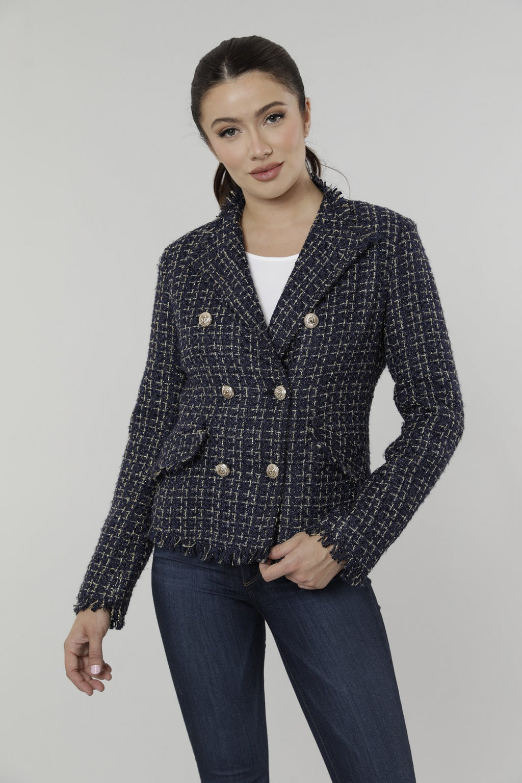 Navy Blue Tweed Blazer with Fringe