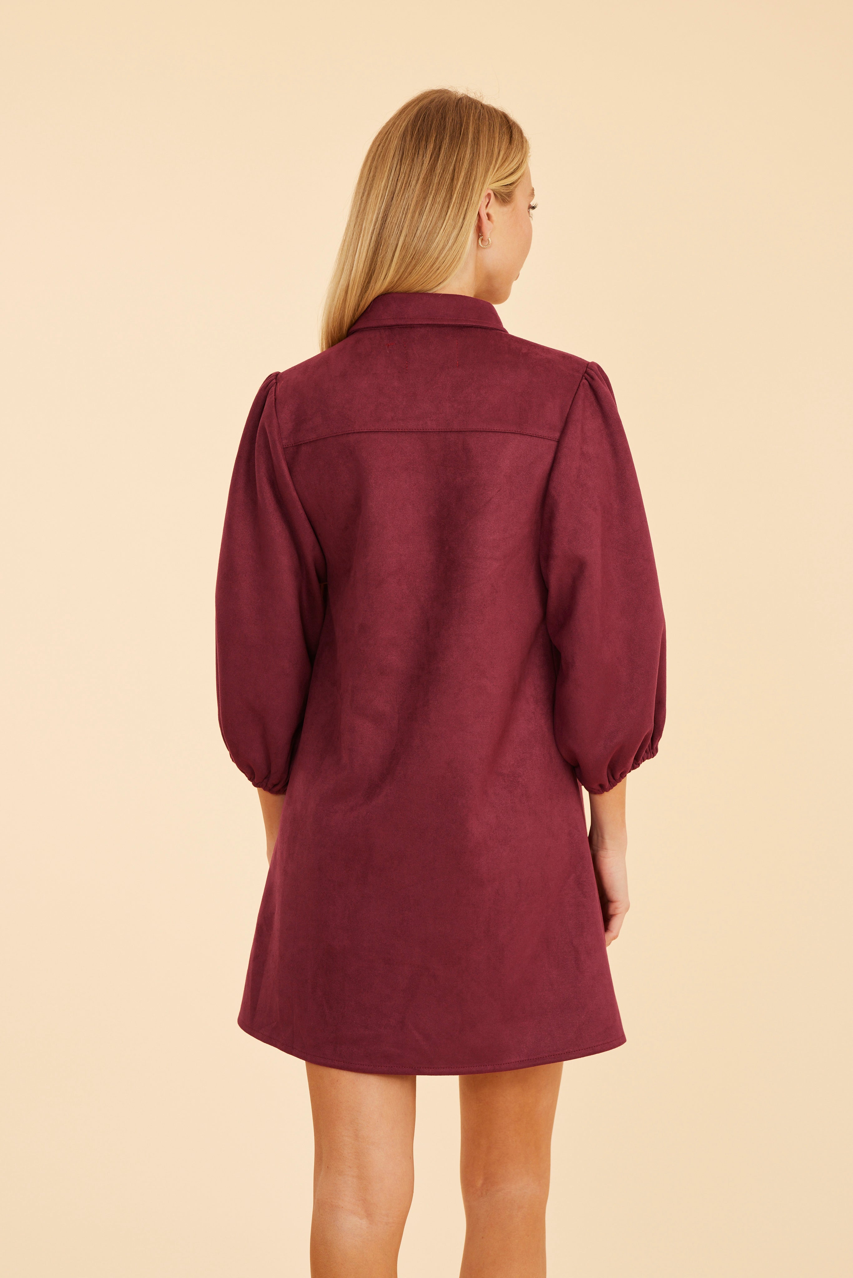 Faux Suede Puff Sleeve Dress Burgundy / XL