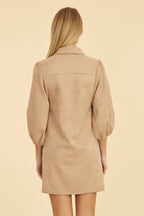 Faux Suede Puff Sleeve Shirt Dress