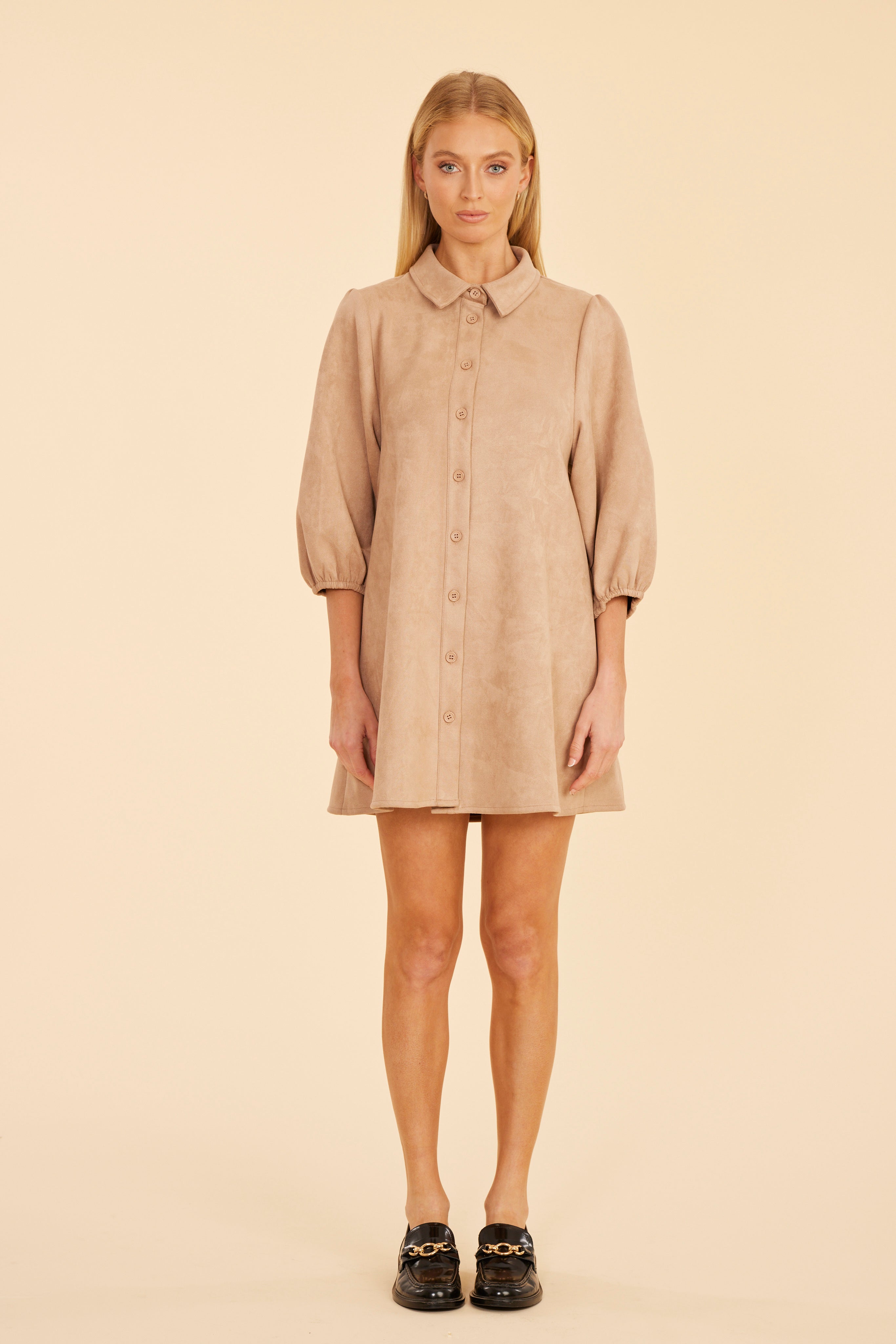 Faux Suede Puff Sleeve Shirt Dress Plum / M Faux Suede Puff Sleeve Shirt Dress Plum / M