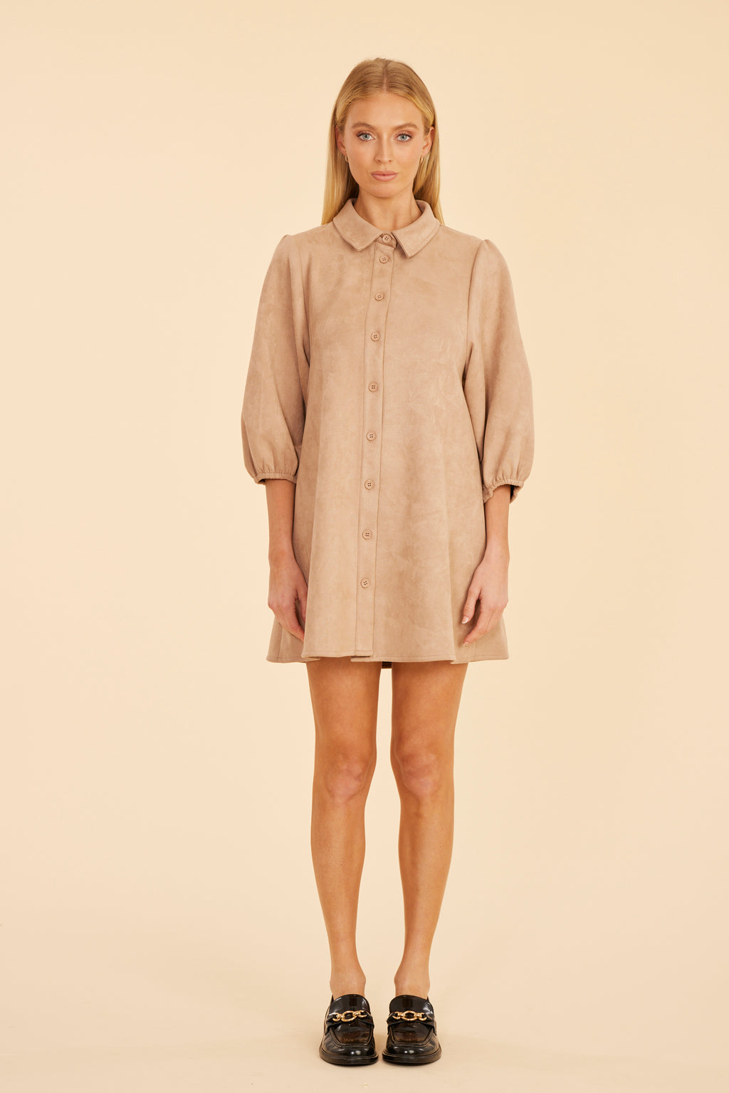 Faux Suede Puff Sleeve Shirt Dress