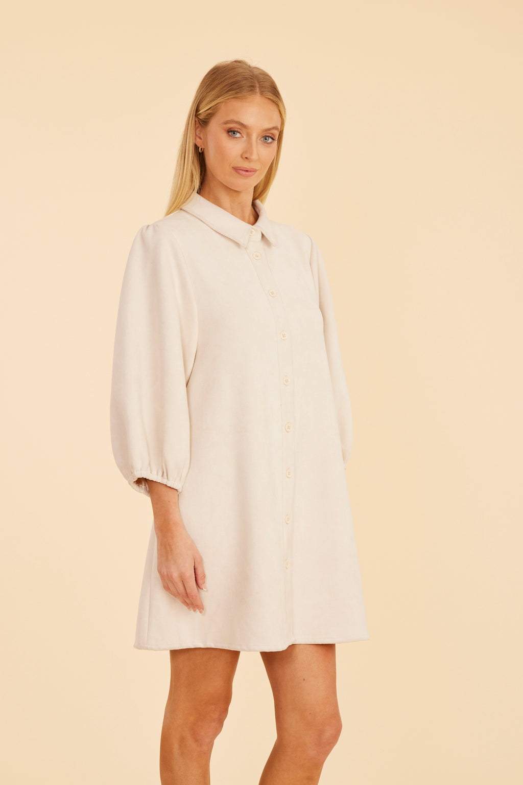 Faux Suede Puff Sleeve Shirt Dress