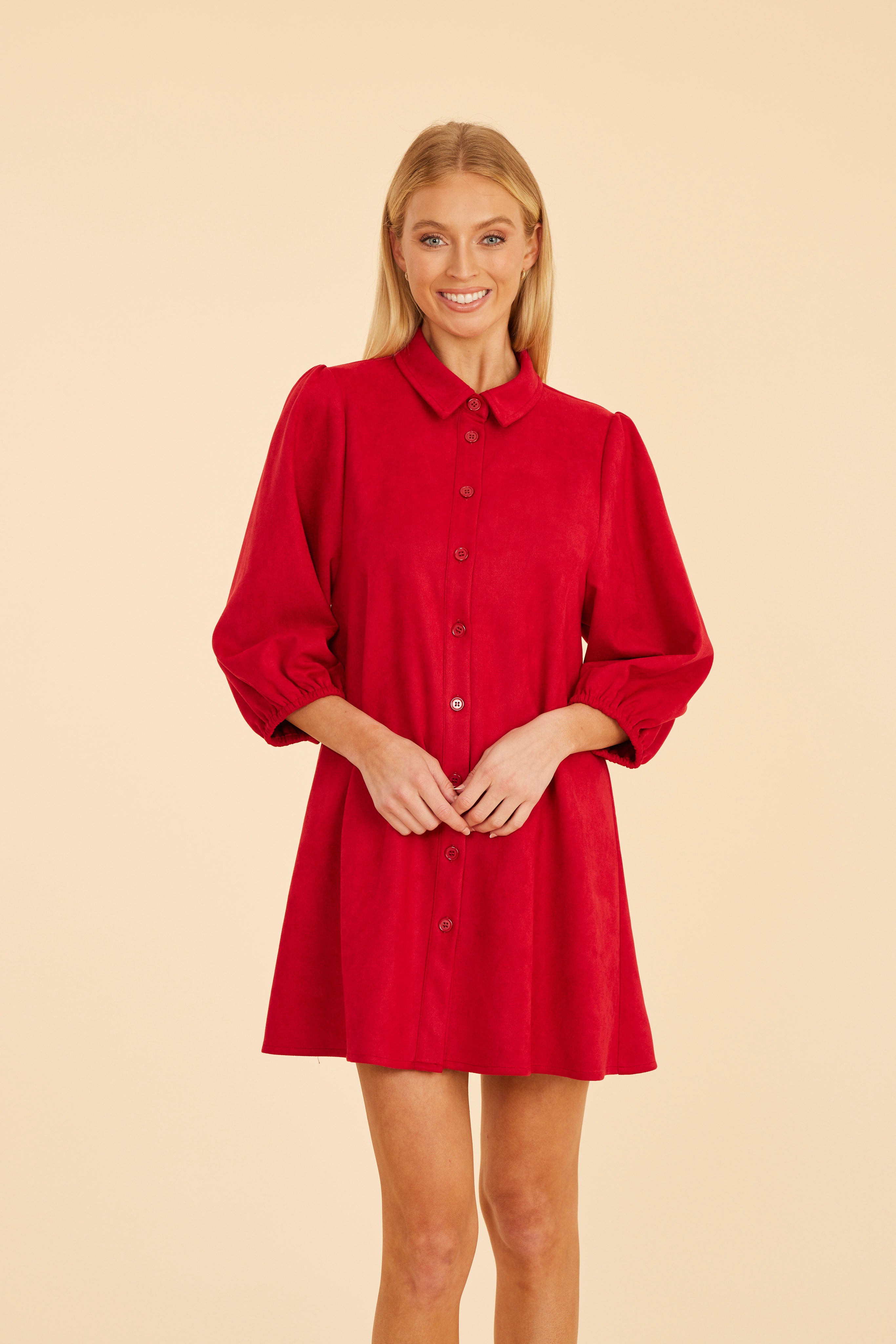 Faux Suede Puff Sleeve Dress Ruby / L Faux Suede Puff Sleeve Dress Ruby / L