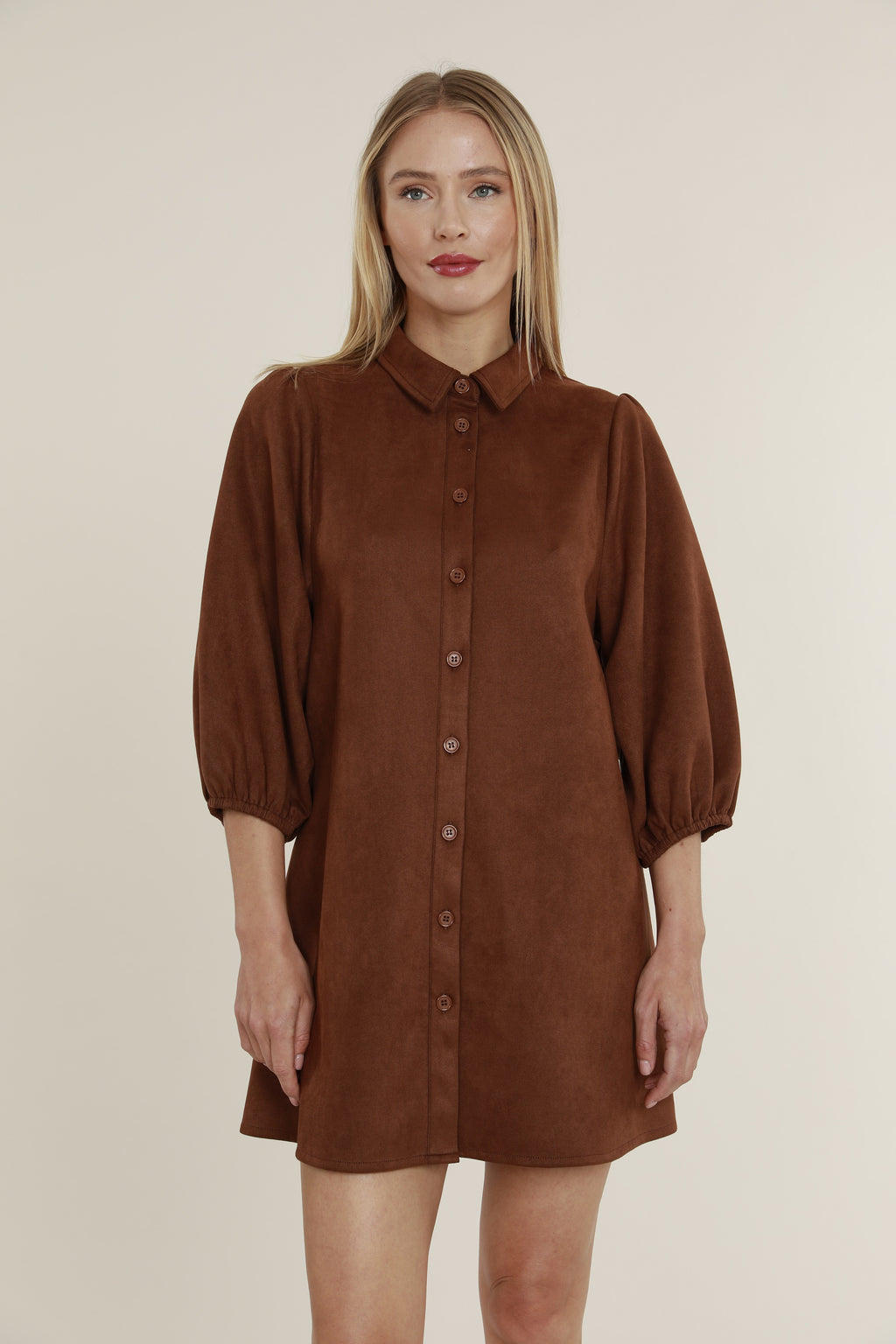 Faux Suede Puff Sleeve Shirt Dress
