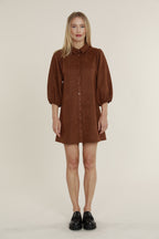 Faux Suede Puff Sleeve Shirt Dress